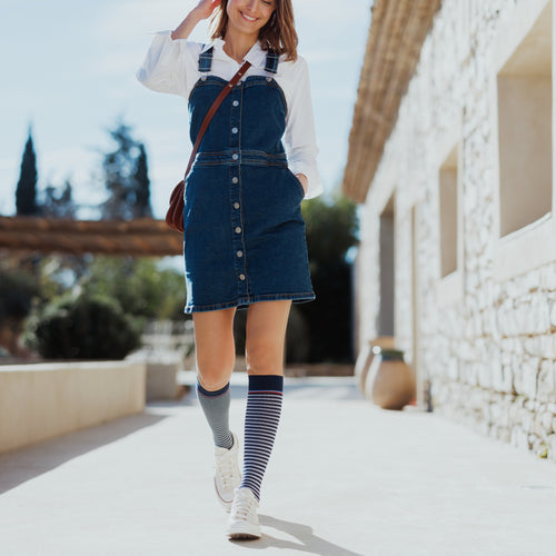 Chaussettes de contention Marinière bleu marine et blanc