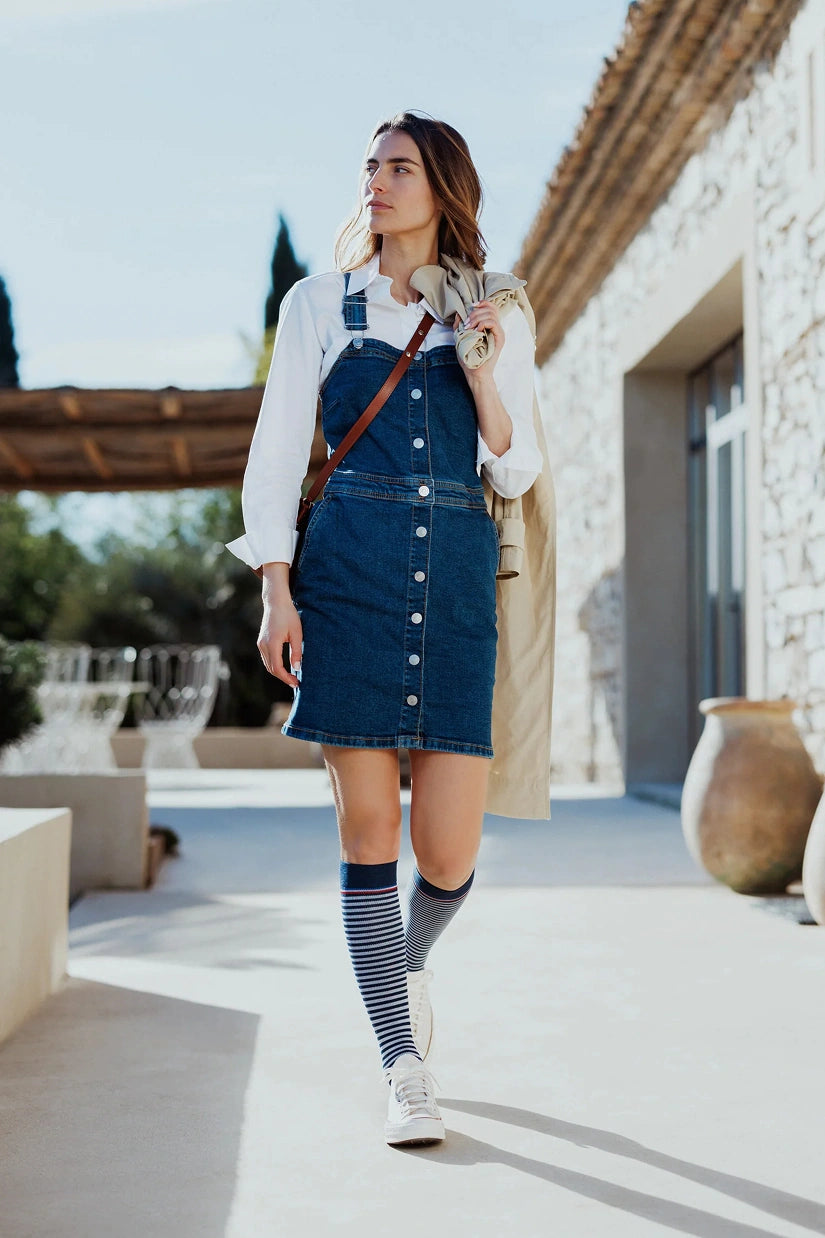 Chaussettes de contention femme Marinière bleu marine et blanc