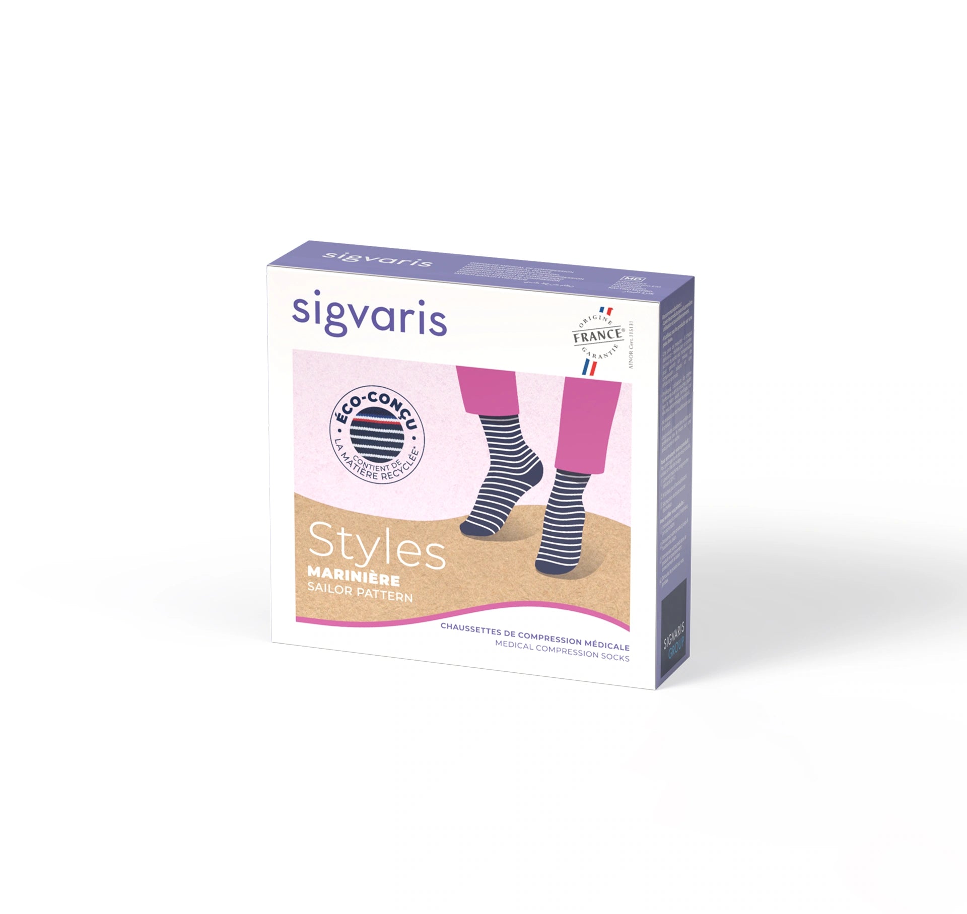 Sigvaris - Chaussettes de contention éco-conçues marinière pour femme - Boîte
