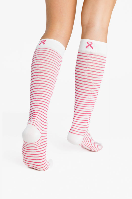 Sigvaris - Chaussettes de contention femme Octobre Rose - Edition limitée - Marinière rose et blanc - Vue arrière