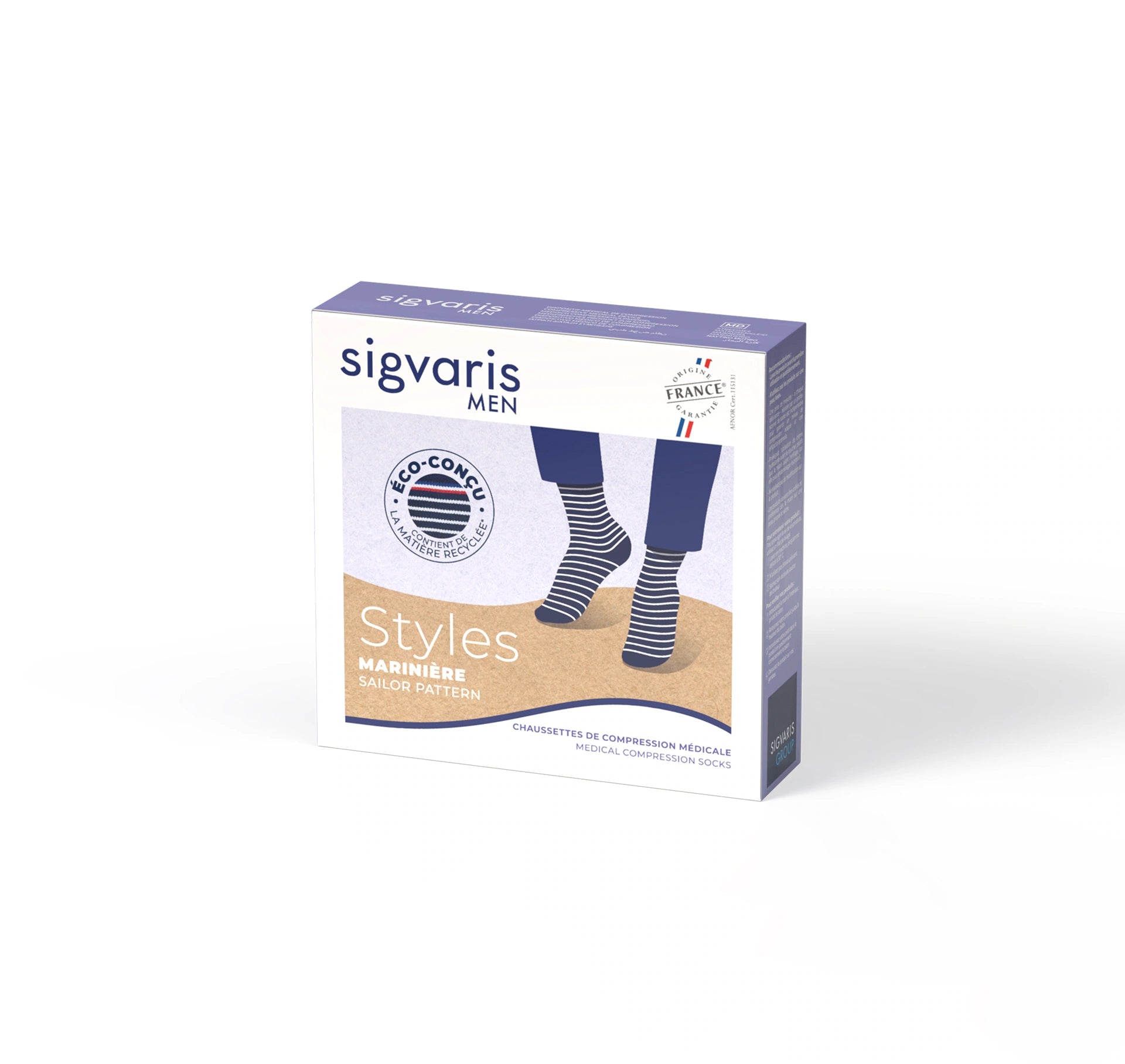 Sigvaris - Chaussettes de contention éco-conçues marinière pour homme - Boîte
